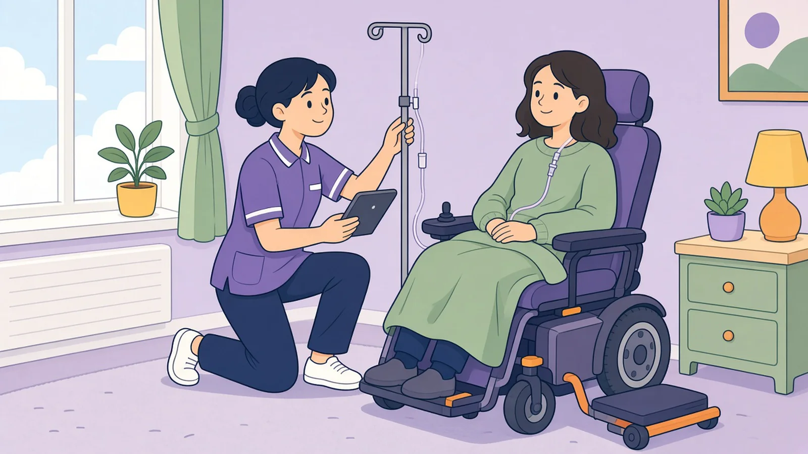 A support worker kneeling beside a woman in a power wheelchair, checking a tablet next to a drip stand.