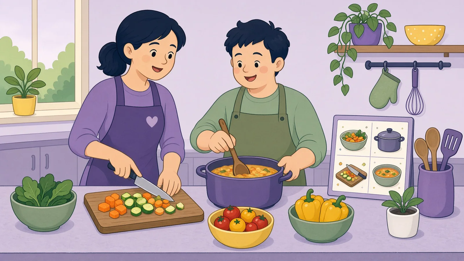A support worker and a young man cooking together at home, chopping vegetables and stirring a pot.