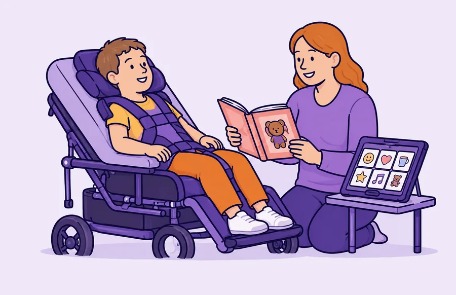 A boy in a supportive wheelchair sharing a picture book with a worker, his communication tablet beside him.