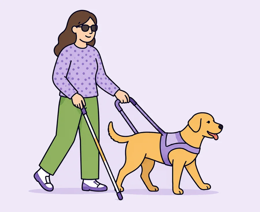 A woman walking independently with a white cane and a guide dog.