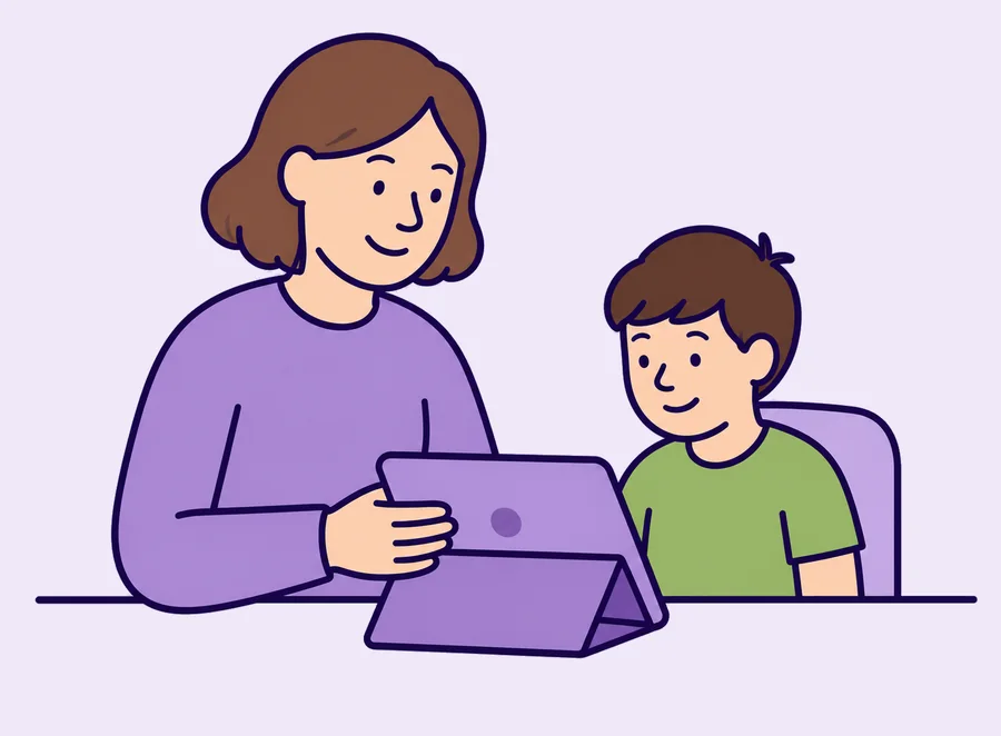 A worker showing a young person something on a tablet.