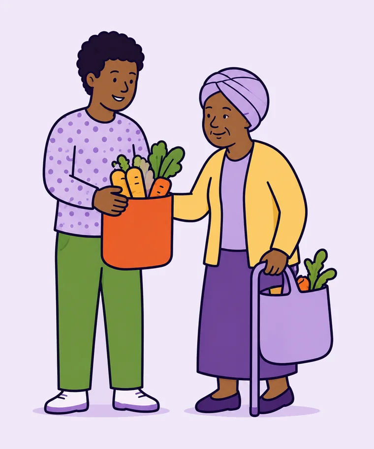 A support worker holding a bag of vegetables while an older woman carrying her own shopping reaches in.