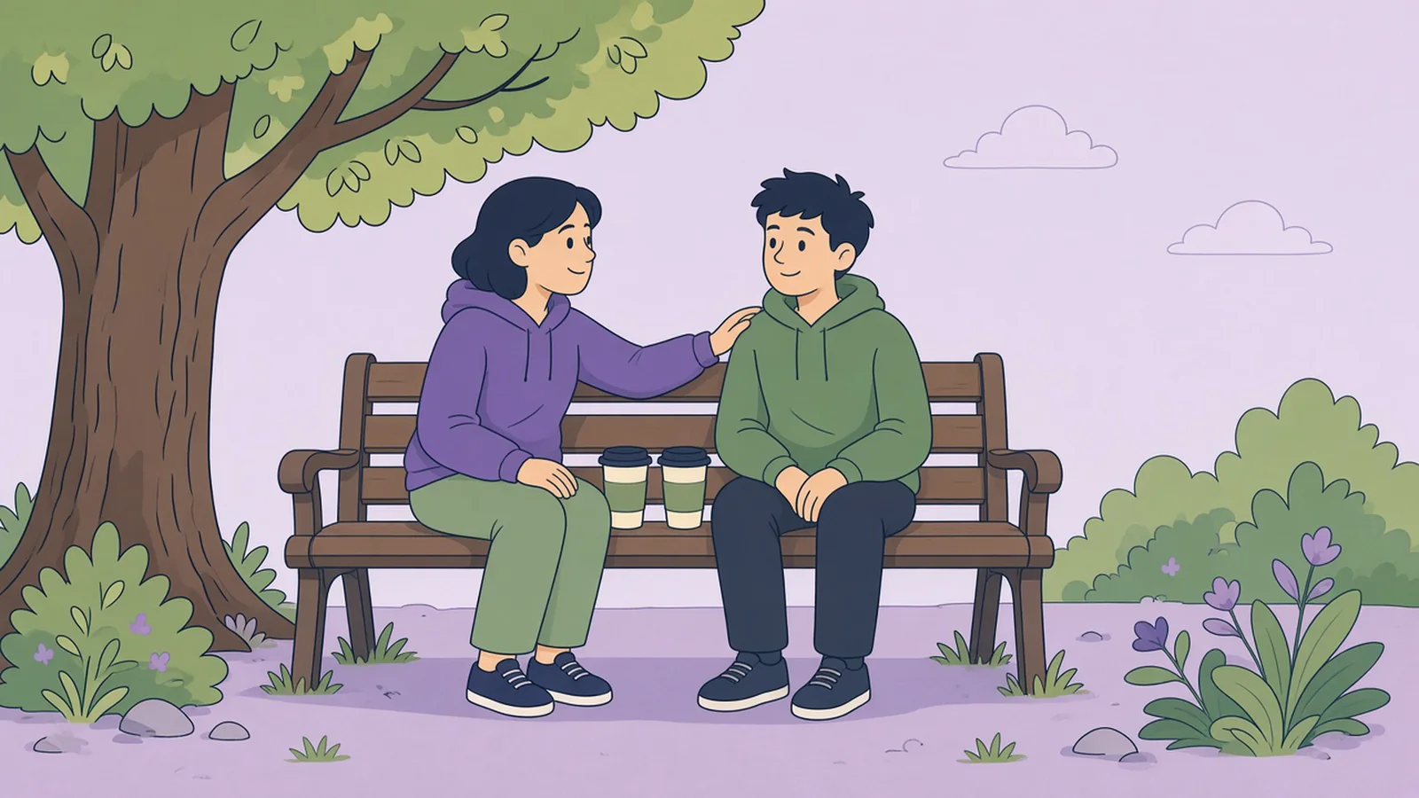 A support worker and a young man sitting on a park bench with two coffees, her hand on his shoulder as they talk.