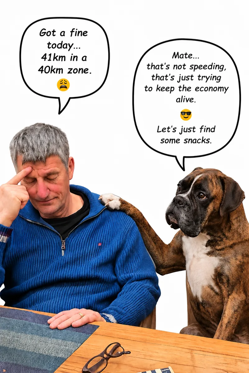 Christopher sits at the kitchen table rubbing his forehead while Mr Porkie, a brindle boxer, rests a paw on his shoulder. Christopher says: Got a fine today — 41km in a 40km zone. Mr Porkie replies: Mate, that's not speeding, that's just trying to keep the economy alive. Let's just find some snacks.