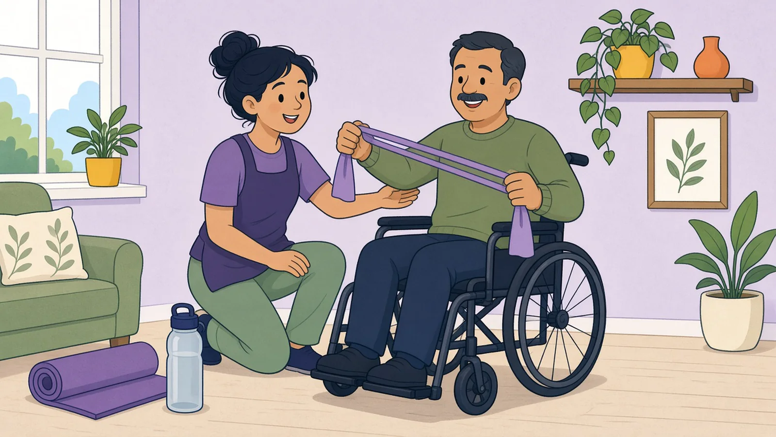 A support worker kneeling beside a man in a wheelchair as he does resistance-band exercises at home.
