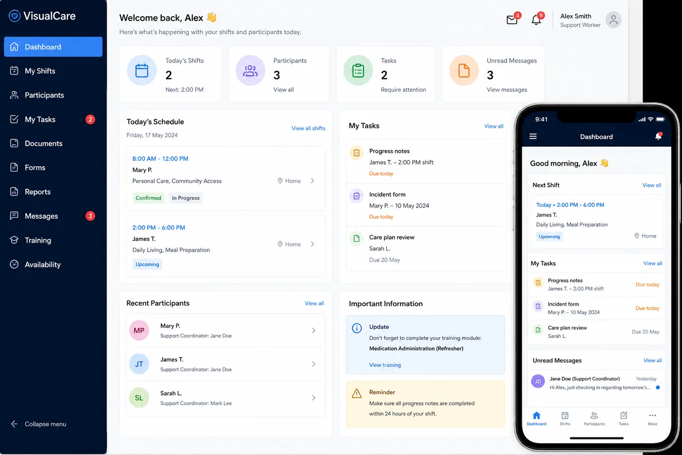 The Visual Care worker dashboard on desktop and mobile, showing today's shifts, participant list, tasks such as progress notes and incident forms, and important information