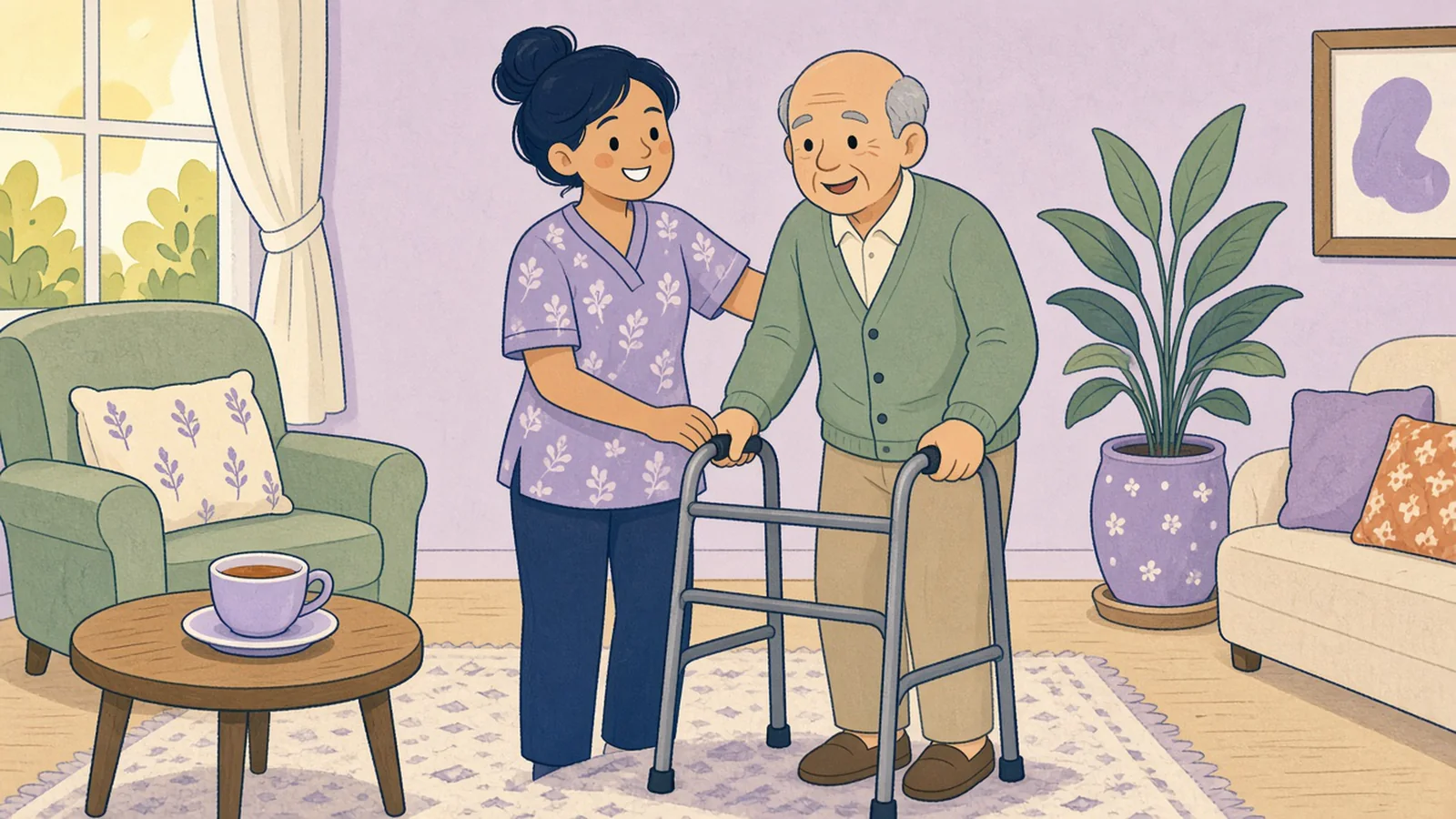A support worker walking beside an older man as he uses a walking frame at home.